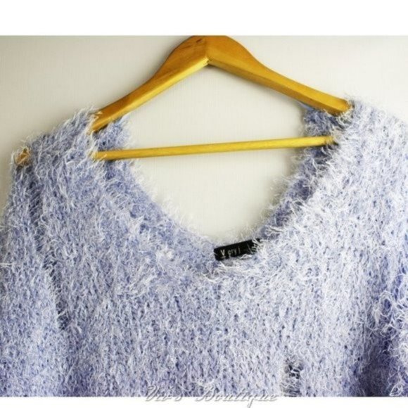 Blue Distressed Eyelash Relaxed Fit V-Neck Off Shoulder Sweater - Picture 8 of 11